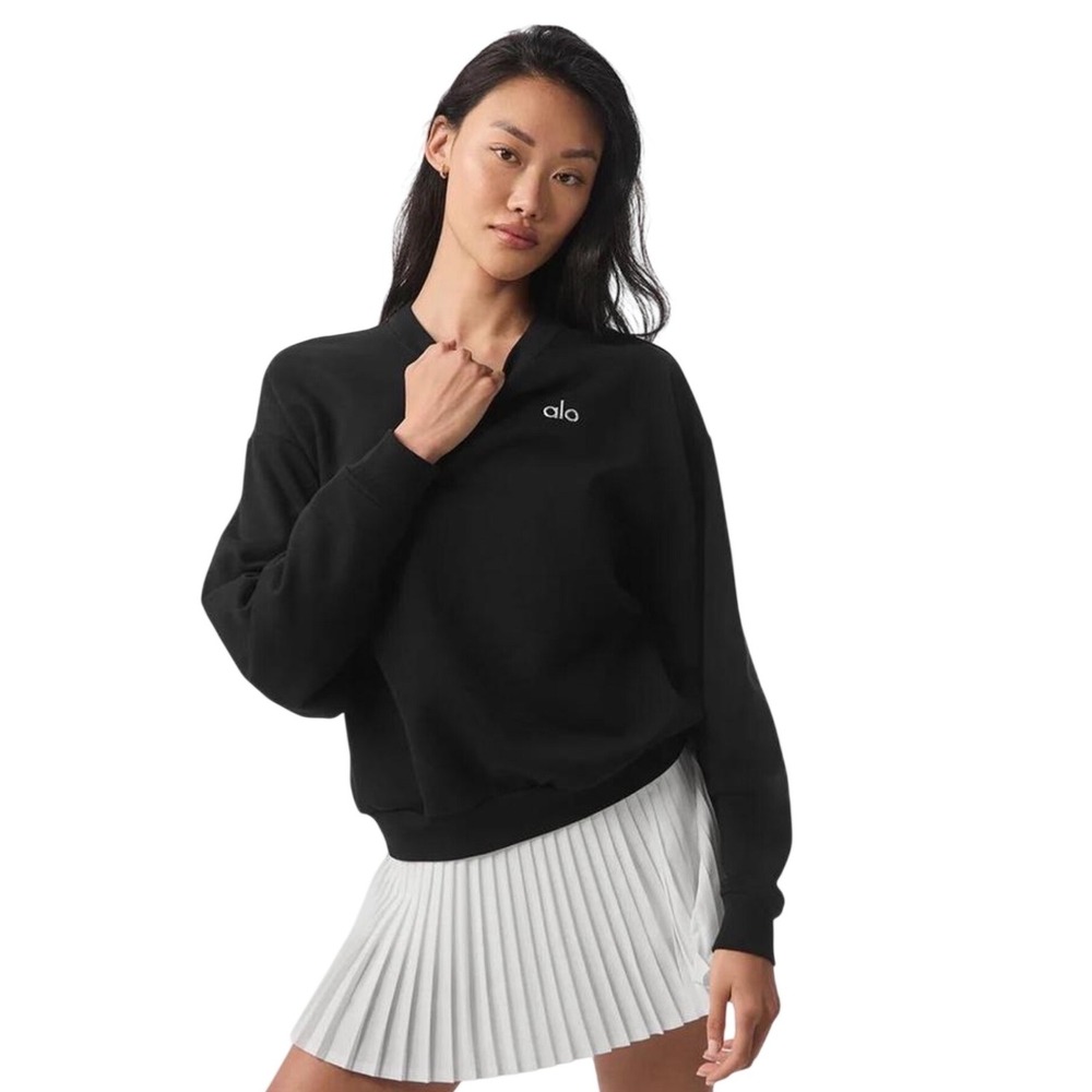 Alo Yoga Women Accolade Crew Neck Pullover Sweatshirt Blackā Chrome Logo Size L